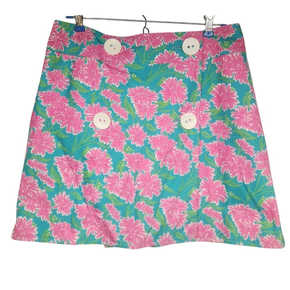 Lilly Pulitzer Mini Wrap Skirt Y2K Size 4 Floral Frog Print Pink Green Preppy